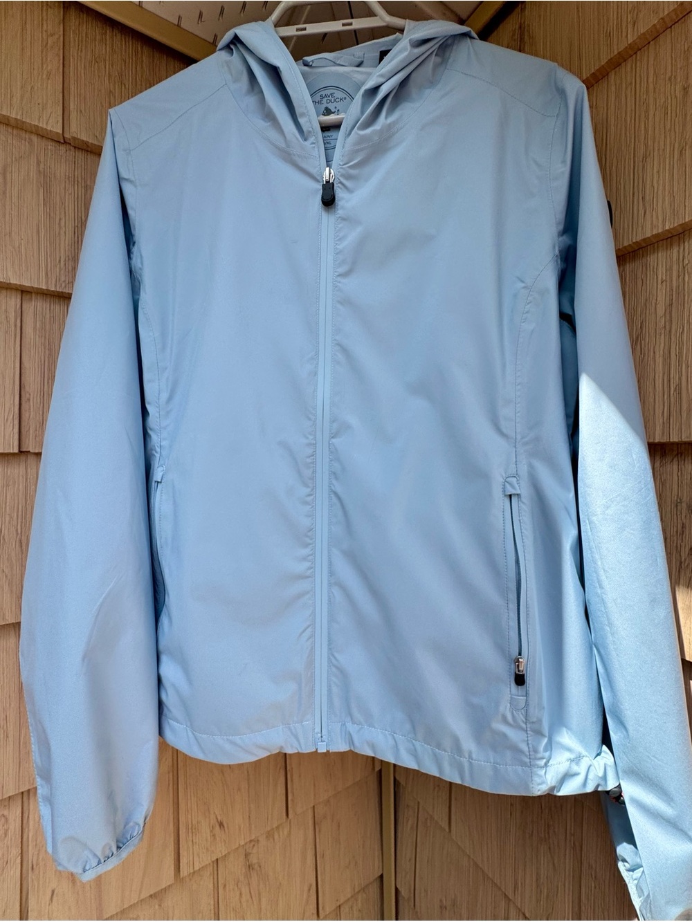 SAVE THE DUCK Light Blue Rainy Hooded Jacket/Shell, Size L. NWOT